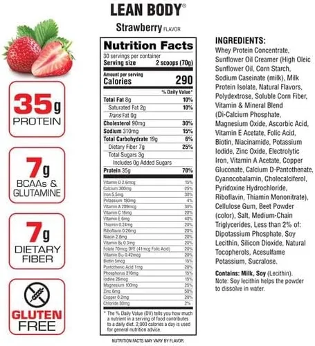 Vista 2 de Labrada Lean Body - Batido de proteína de fresa todo en uno. 1.23 oz de proteína, mezcla de suero, 0.27 onzas de grasas saludables y fibra, 22