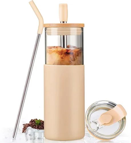 Vista 36 de Kodrine Vaso para agua de vidrio de 20 onzas con popote y tapa, botella de agua con tapas de bambú, taza para café helado, reutilizable, boca ancha