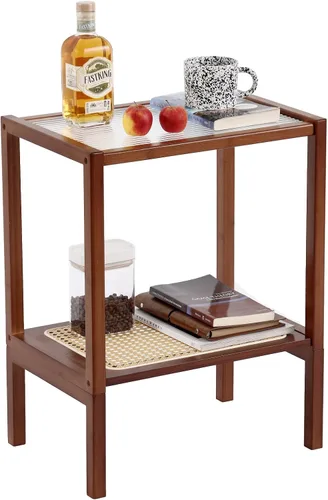 Vista 9 de Tiita Mesa auxiliar de ratán, mesita de noche de mediados de siglo, mesas de noche de bambú de 2 niveles, mesas de café de cristal, mesa auxiliar