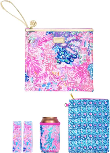 Vista 15 de Lilly Pulitzer Funda de vinilo resistente al agua para la playa, bolsa con cremallera incluye protector de bebidas, funda pequeña y clips para toalla
