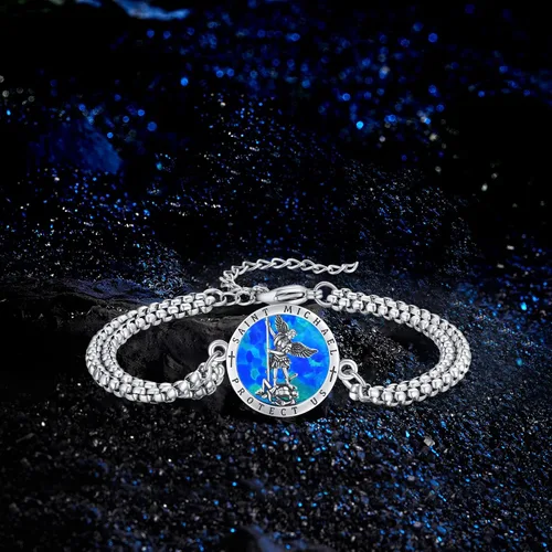Vista 52 de Pulsera unisex de San Miguel/Cristóbal/Benedicto/Jude/José/Guadalupe/Ángel de la Guarda/Santa Muerte Pulsera de plata de ley 925 con cadena de doble