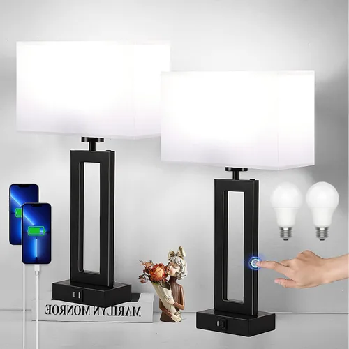 Vista 7 de Juego de 2 lámparas modernas para mesita de noche, con control táctil, USB C y A, regulables de 3 vías para dormitorios y sala de estar, gris y negro