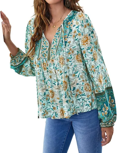 Vista 3 de YUZIBAO Blusas para mujer, cuello en V, manga larga, estilo bohemio, blusas con estampado floral