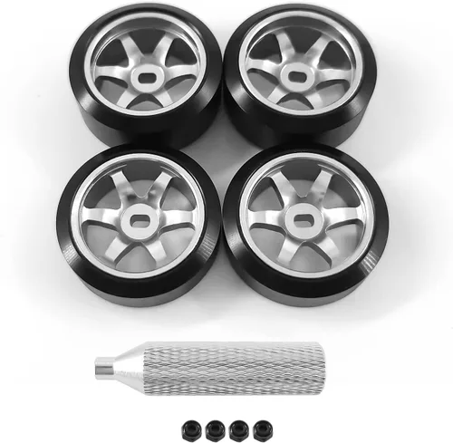 Vista 13 de Llantas de rueda de 6 radios y neumáticos de deriva de coche RC para 1/28 RC Hobby modelo, [2 estrechos+2 anchos] 4 llantas de aleación de aluminio