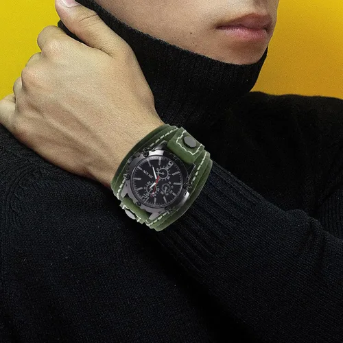 Vista 7 de UKCOCO Reloj de pulsera con correa de cuero ancha, pulsera punk para el día del padre