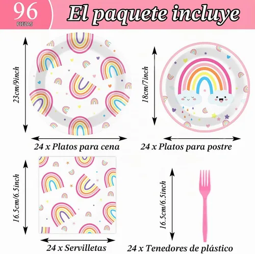 Vista 2 de Juego de vajilla de fiesta arcoíris de 96 piezas, platos, servilletas, suministros de papel desechable de postre para 24 invitados, decoraciones