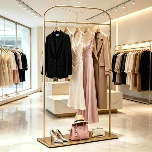 Vista 6 de 91" estante alto de la ropa del oro con los estantes, estante largo del vestido de la ejecución Estantes de ropa nupcial, organizador para tienda