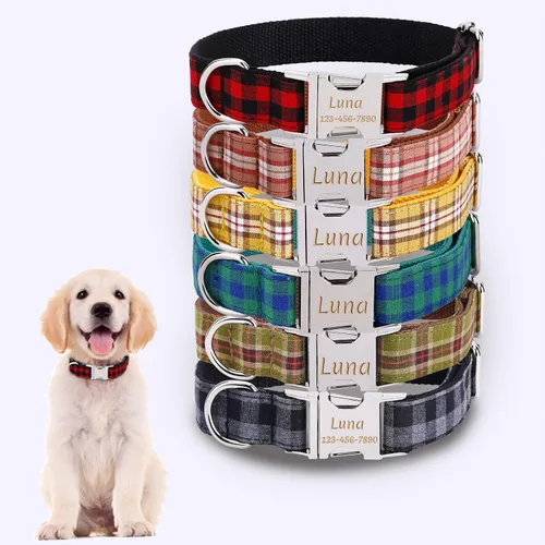 Vista 12 de Collar de perro personalizado con placa de nombre, ajustable resistente nailon personalizable collar de identificación grabado con hebilla de metal