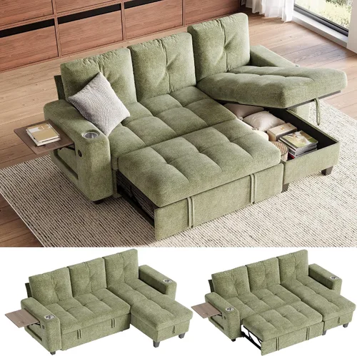 Vista 13 de LINSY HOME Modular Sectional Sofa Bed, Chenille Pull Out Couch 2 Seat Beige