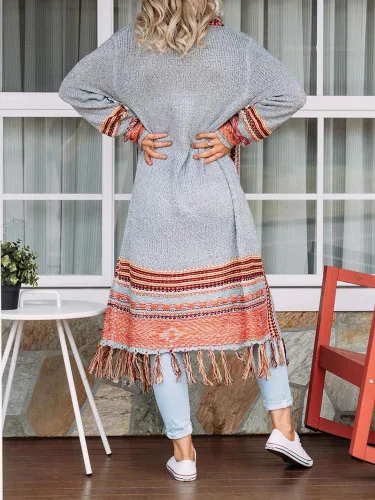 Vista 4 de Misassy Womens Boho Open Front Long Cardigans Sweater Loose Long Sleeve Embroidery Tassels Kimono Duster Outwear