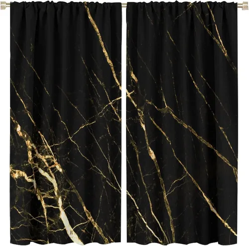 Vista 103 de Cortinas Negras con Dobladillo Dorado, Cortinas Opacas con Bolsillo para Barra con Estampado de Rayas de Foil en Onda Dorada para Decoración de Negro