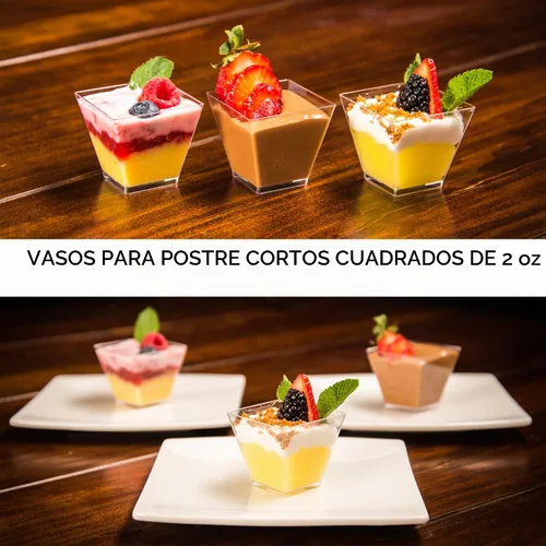 Vista 8 de DLux 100 x 2oz Tazas Cuadradas Mini de Postre con Cucharas y Tapas, Taza de Plástico Transparente para Aperitivos Parfait - Pequeño Cuenco