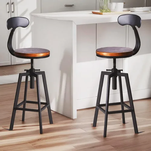 Vista 10 de Taburetes de bar industriales, silla de comedor de cocina, taburete de metal de madera, silla giratoria de altura ajustable, negro, juego de 2