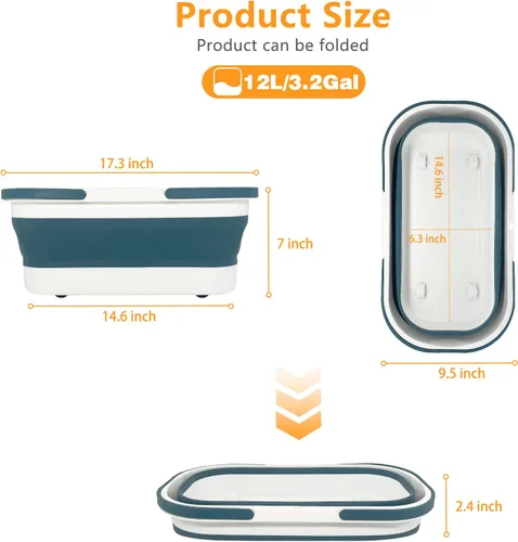 Vista 2 de Goderewild Cubo de plástico plegable con ruedas 12L (3.17 galones) para limpieza de casa, camping y RV - Cesta rectangular práctica multiusos