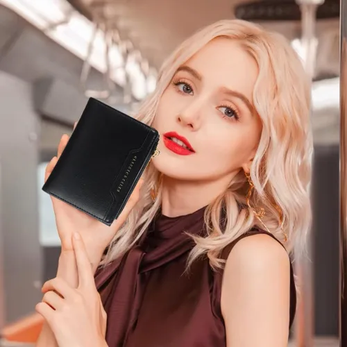 Vista 2 de Billeteras delgadas y pequeñas de cuero con bolsillo, tarjetero, plegable, triple, monedero para mujer con cremallera (negro)