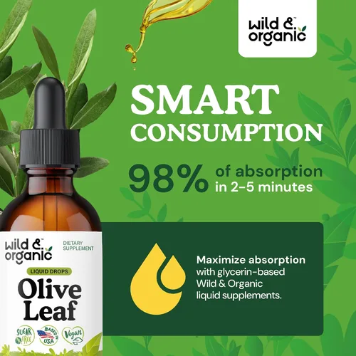 Vista 4 de Wild & Organic Gotas líquidas de extracto de hoja de olivo - Apoyo inmunológico y antioxidante - Suplemento de hoja de olivo de oleuropeína - Añadir