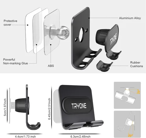 Vista 2 de Tryone Soporte de pared para teléfono celular, soporte ajustable para teléfono celular con 2 almohadillas adhesivas para baño, dormitorio, cocina