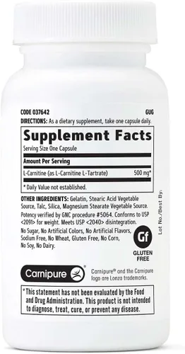 Vista 2 de GNC L-carnitina 500 mg, ayuda a metabolizar los ácidos grasos de cadena larga, 60 cápsulas