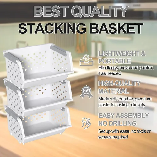 Vista 4 de Cestas de almacenamiento apilables de plástico de 3 niveles, cesta apilable para organizar alimentos, aperitivos, color blanco Plastic Kitchen