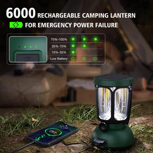 Vista 3 de Linterna de Camping LED 6000, 650LM Linterna Recargable con Manivela Manual y Batería Solar, Luces de Emergencia para Fallas de Energía en el Hogar