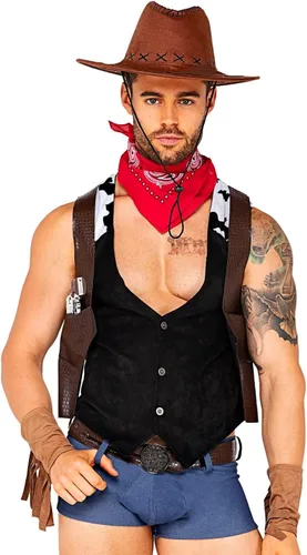 Vista 2 de Roma Costume Disfraz de vaquero Showdown de 7 piezas para hombre, negromarrón, talla S, NegroMarrón, S