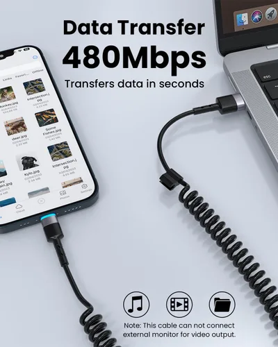 Vista 5 de Cable Lightning en espiral, 2 unidades, 3 pies, cable iPhone para automóvil, Apple CarPlay [certificado MFi], carga corta USB a Lightning compatible
