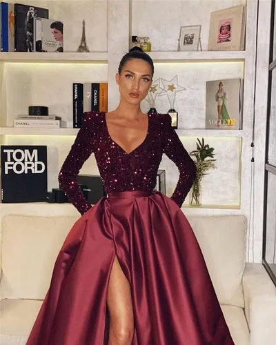 Vista 3 de homdor Vestido de fiesta de lentejuelas de manga larga, vestido de baile brillante, vestido de noche formal con cuello en V, vestido de novia