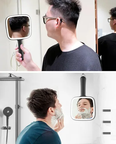 Vista 5 de Famihomii Espejo de mano con 3 colores claros y regulable, espejo de mano iluminado, ligero y duradero, portátil y colgante para aplicación