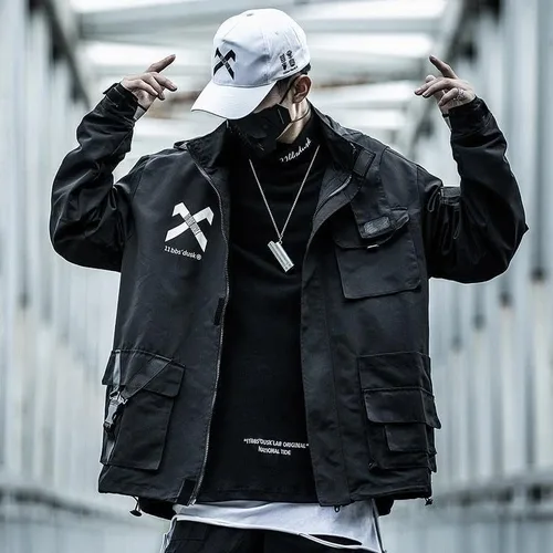 Vista 2 de Ropa de calle táctica para hombre, ropa gótica Alt Emo Techwear, chaquetas con capucha rompevientos Cool Cyberpunk Harajuku