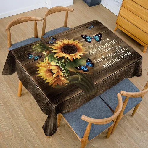 Vista 5 de Mantel rectangular rústico a prueba de derrames, impermeable, con mariposas, decoración de mesa, cubierta de mesa de girasol, color marrón y Marrón