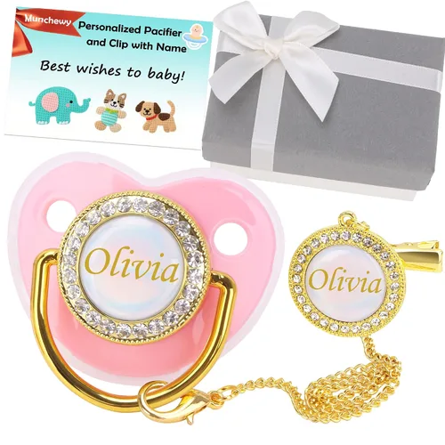 Vista 13 de Chupete personalizado con nombre, juego de clip para chupete dorado brillante con caja de regalo, tarjeta de felicitación, lujoso chupete de cristal
