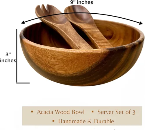 Vista 5 de Juego de ensaladera de madera de acacia – 9” Cuenco redondo artesanal con 2 servidores de madera, vajilla rústica y duradera para ensaladas, frutas