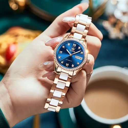 Vista 7 de OLEVS Relojes para mujer, pulsera de cerámica mecánica de cuerda automática, regalo del día del corazón Azul
