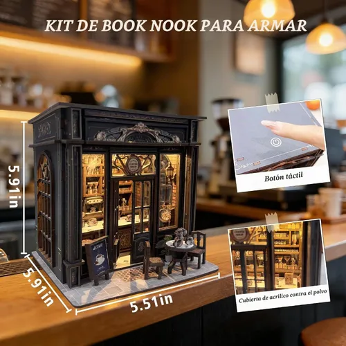 Vista 2 de Kit de rincón de libros para cafetería, kit de casa en miniatura con luz