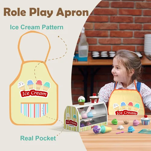 Vista 4 de Juego de helado para niños - Juguetes de simulación para niñas de 3 a 4 años Comida para mostrador de helados con delantal, cuchara, menú, dinero