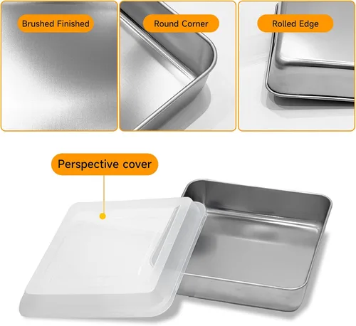 Vista 4 de Juego de moldes cuadrados de acero inoxidable de 6 x 6 pulgadas con tapa para hornear lasaña, con tapa para pasteles, brownies, galletas, horno apto