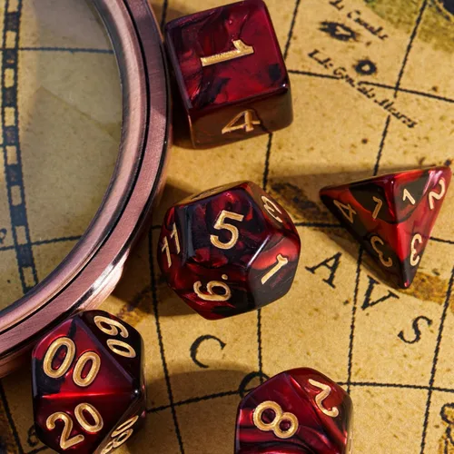 Vista 4 de Juego de dados de 7 dados poliédricos DND rojo mezclado con negro, dados D&D con bolsa de cuero para juegos de rol Mezcla roja negra