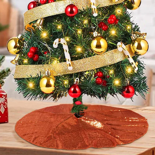 Vista 9 de ShinyBeauty Falda de árbol de Navidad rosa claro de 24 pulgadas, falda de lentejuelas para lápices/mini árboles, cubierta navideña para Año Nuevo
