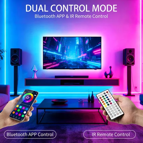 Vista 2 de Tira de luces LED, sincronización de música RGB, luces LED que cambian de color con control remoto y control remoto de aplicación inteligente, luces