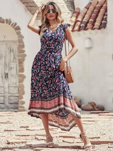 Vista 6 de PRETTYGARDEN Vestido largo de verano para mujer, casual, floral, cuello en V, mangas casquillo, bohemio, alto y bajo, vestido largo de sol