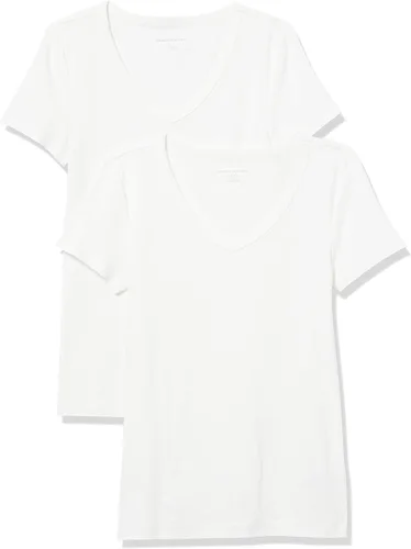 Vista 28 de Amazon Essentials Camiseta ajustada de manga corta con cuello en V para mujer, paquete de 2 Negro