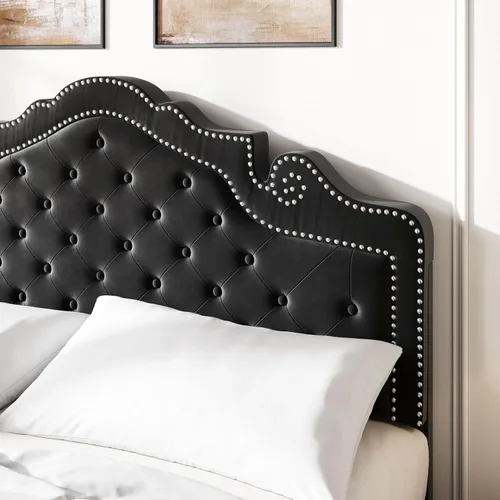 Vista 4 de SHA CERLIN Marco de cama tamaño completo con cabecera ajustable/Tapizado de terciopelo/Capitoné con botones de diamante y tachuelas de metal/No