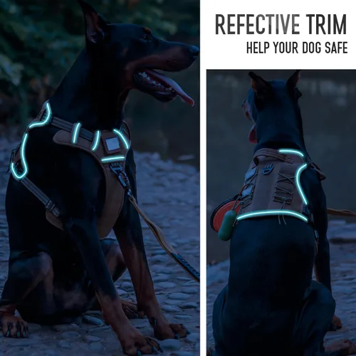 Vista 6 de Arnés táctico para perros medianos y grandes, color marrón, ajustable, sin tirones, con asa, chaleco reflectante resistente, talla M Marrón