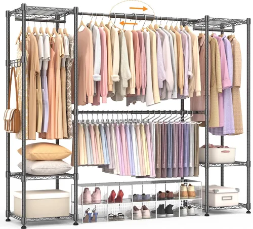 Vista 11 de Homdox Perchero resistente con varillas extensibles para colgar, perchero de metal ajustable para colgar ropa, armario independiente con estantes