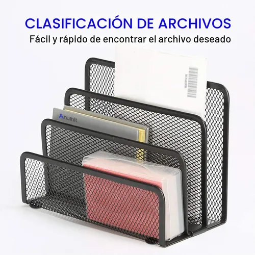 Vista 3 de Organizador de correo de escritorio, clasificador de cartas con 3 compartimentos verticales verticales verticales de malla metálica para documentos