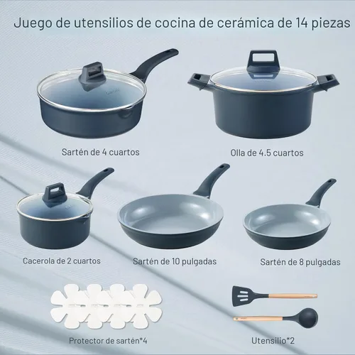 Vista 2 de CAROTE Juego de 14 piezas de utensilios de cocina de cerámica, juego de ollas y sartenes antiadherentes con revestimiento cerámico, juegos de cocina