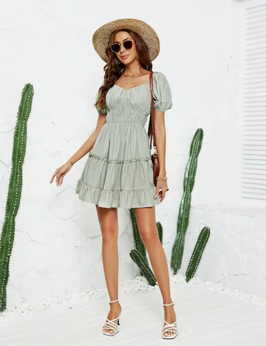 Vista 5 de Blooming Jelly Vestido babydoll para mujer, manga abombada, casual, con hombros descubiertos, vestido suelto con volantes y espalda descubierta