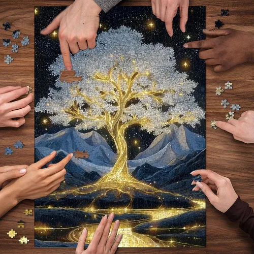Vista 6 de Rompecabezas de árbol de la vida dorado para adultos de 1000 piezas, rompecabezas de paisaje de árbol brillante de fantasía con montañas de cielo