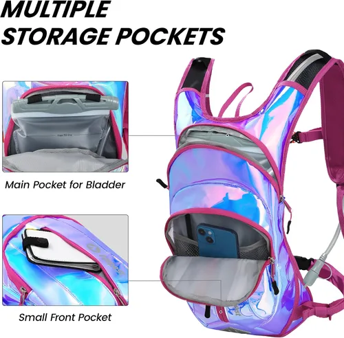 Vista 2 de Nepest Hydration Pack Backpack for Women & Men, Lightweight Water Backpack with 2L Water Bladder for Hiking Cycling Running Biking Holográfico - Rosa