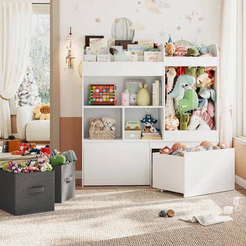 Vista 8 de Almacenamiento de animales de peluche de 42.9 pulgadas con estantería para niños, almacenamiento grande de juguetes con baúl de juguetes y tapete